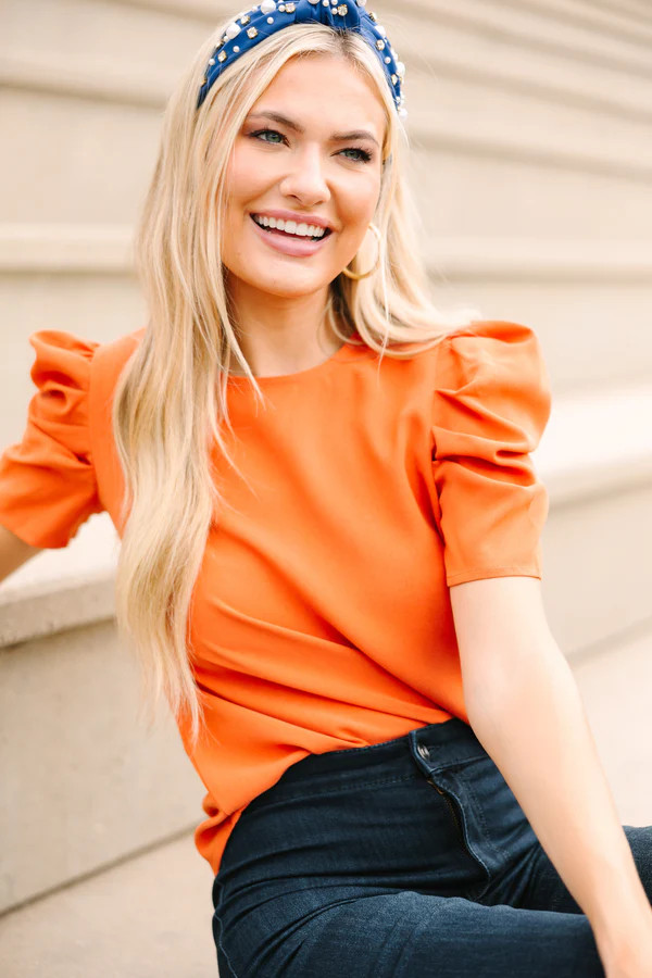 Here For The Drama Orange Puff Sleeve Blouse | The Mint Julep Boutique