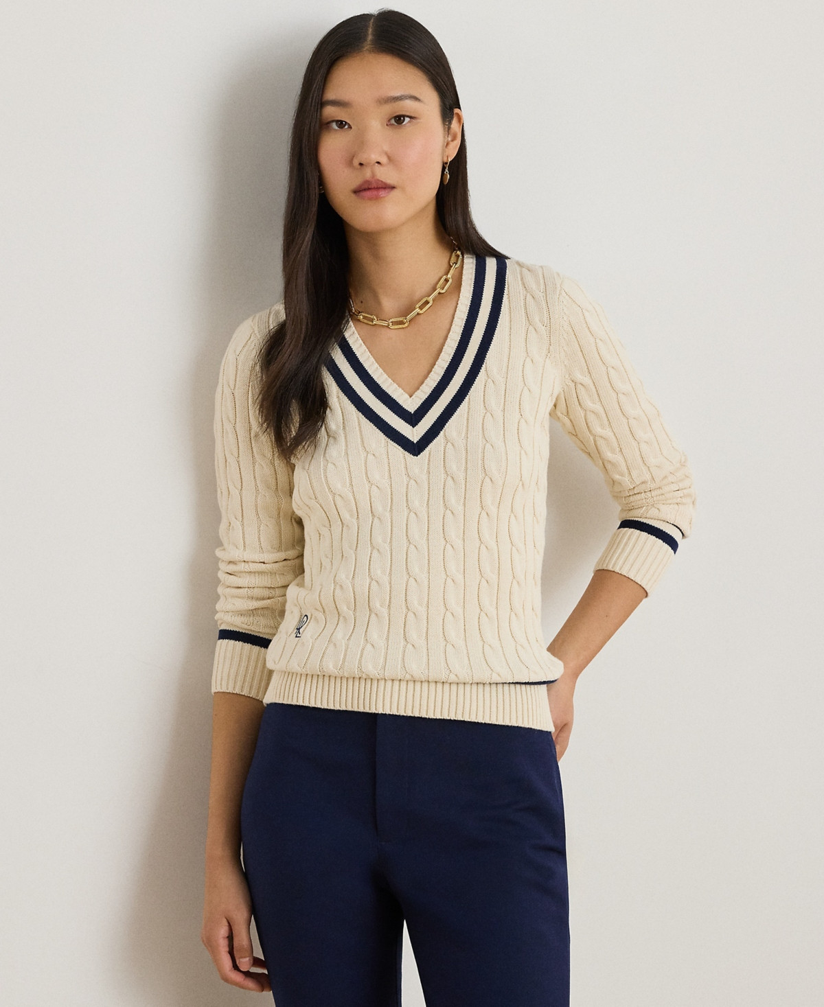 Lauren Ralph Lauren Petite Ribbed V-Neck Sweater - Mascarpone Cream/refined Navy | Macy's