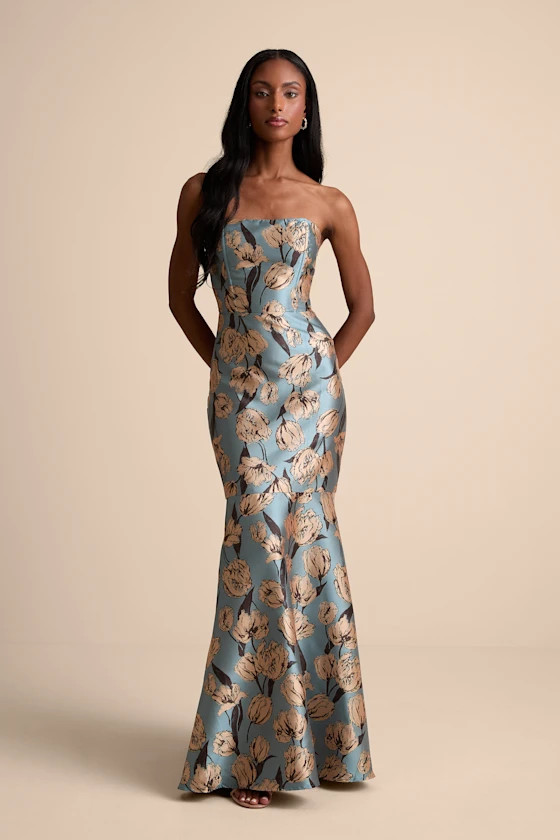 Gowning Around Slate Blue Floral Jacquard Strapless Maxi Dress | Lulus