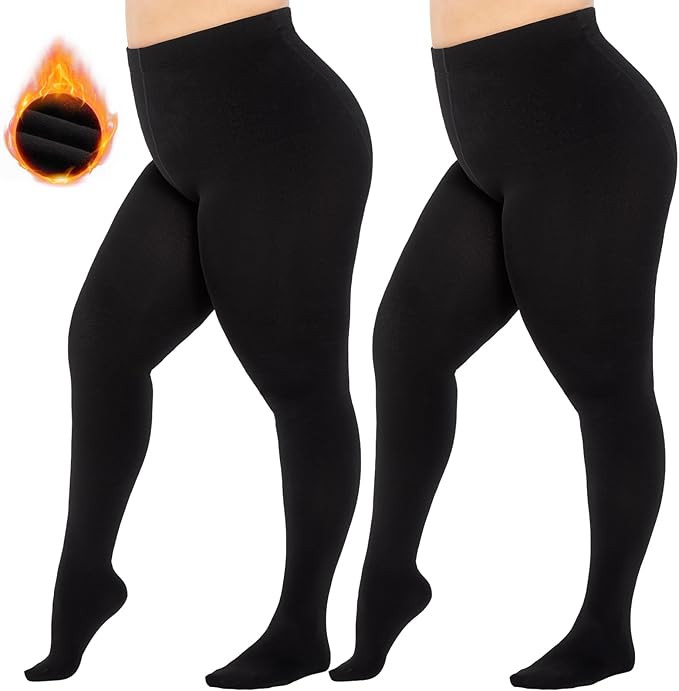 MANZI 2 Pairs Women's Plus Size Fleece Lined Tights Black Opaque Thermal Tights Winter Warm Thick... | Amazon (US)