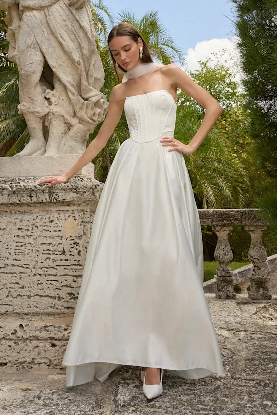 Angelica White Satin Strapless Three-Piece Maxi Dress | Lulus