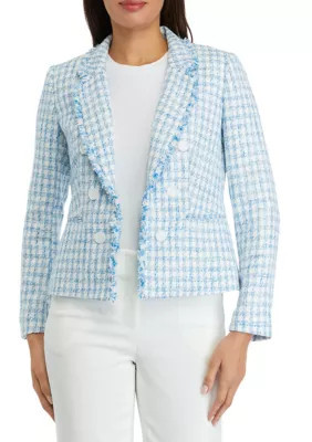 THE LIMITED Women's Tweed Faux Double Breasted Jacket With Fringe, Blue, Small | Belk