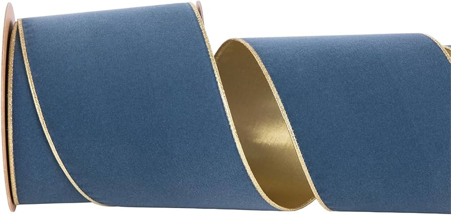 Denim Blue Velvet Wired Ribbon 4 Inch Wide*10Y Blue and Gold Double Sided Velvet Wired Ribbon for... | Amazon (US)