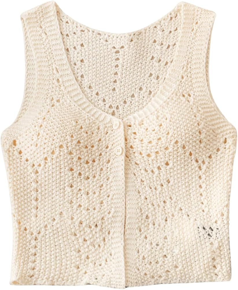 GORGLITTER Women's Knit Vest Top Hollow Out Sleeveless Button Down Sweater Crochet Tank Top | Amazon (US)