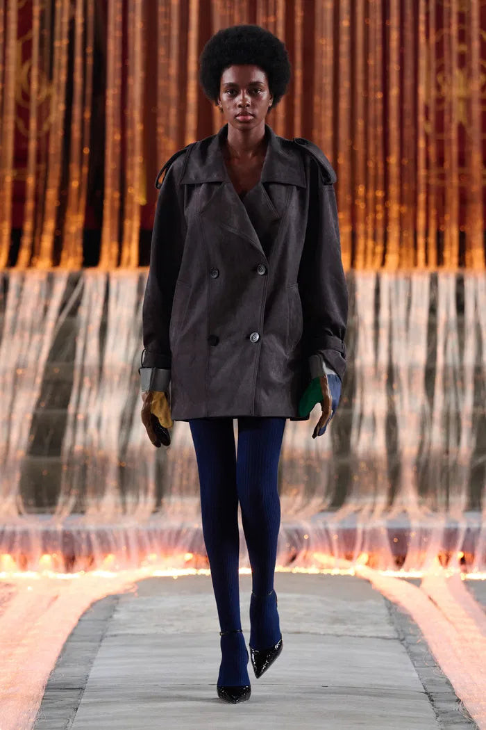 Nellie Large Lapel Short Trench Coat in Faux Suede | Fabrique