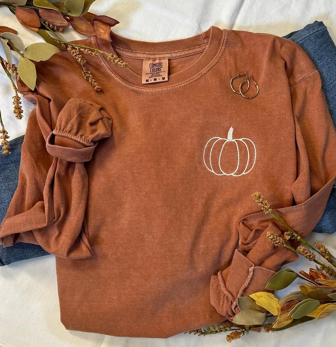 Pumpkin Comfort Colors Embroidered Tee - Pumpkin Outline T-Shirt - Simple Fall Pumpkin Crewneck T... | Etsy (US)