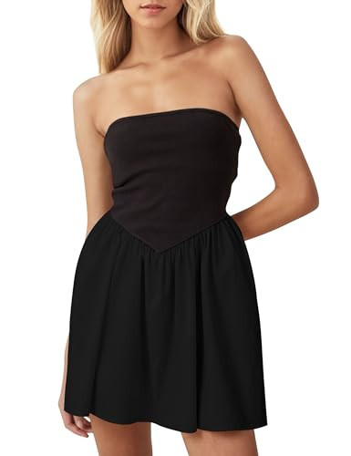 MISSACTIVER Women Strapless Tube Top Mini Dress Off Shoulder Sleeveless Drop-Waist A Line Short Dress Summer Patchwork Dress（Black, Medium | Amazon (US)