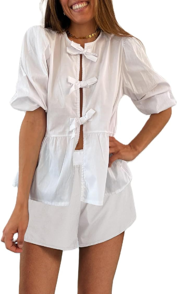 Women Y2K Tie Front 2 Piece Shorts Set Plaid Puff Sleeve Peplum Shirt Ruffle Hem Pajama Set Strip... | Amazon (US)