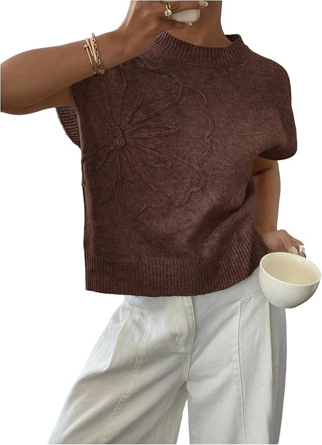 SOLY HUX Women's Ribbed Sweater Crew Neck Short Sleeve Loose Fit Floral Knit Pullover Tops | Amazon (US)