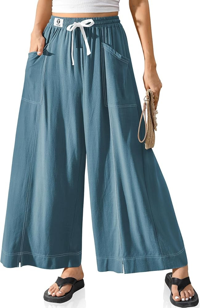 TARSE Women Linen Wide Leg Pants Casual Loose Baggy Palazzo Drawstring Summer Vacation Beach Trav... | Amazon (US)