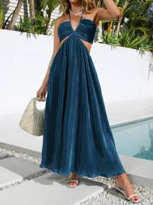 SHEIN VCAY Pleated Fabric Hollow Out Halter Neck Maxi Dress | SHEIN