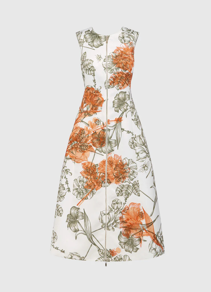 Marlene Embroidered Sleeveless Tie Back Midi Dress - Harmony Print in Kumquats | LEO LIN