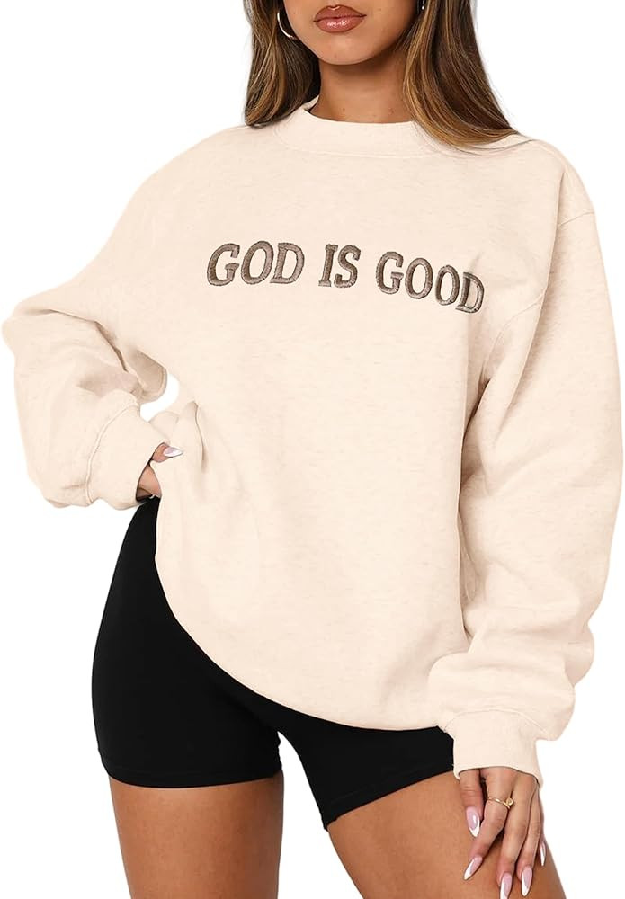 MAPICK Womens Oversized Christian Sweatshirts Fleece Crewneck Sweaters Embroidered GOD IS GOOD Ca... | Amazon (US)