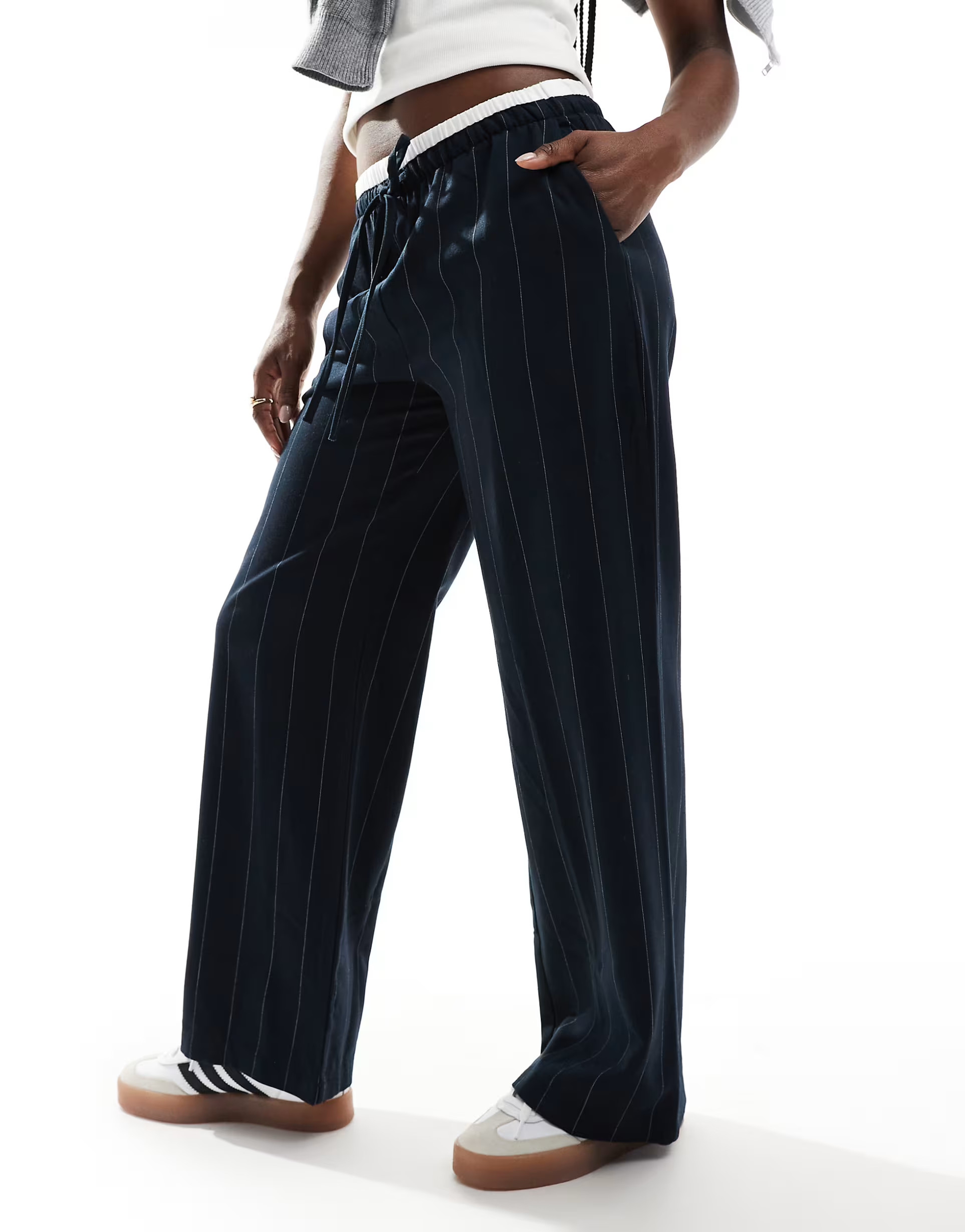 ASOS DESIGN tailored wide leg pants with contrast waistband in navy stripe | ASOS (Global)