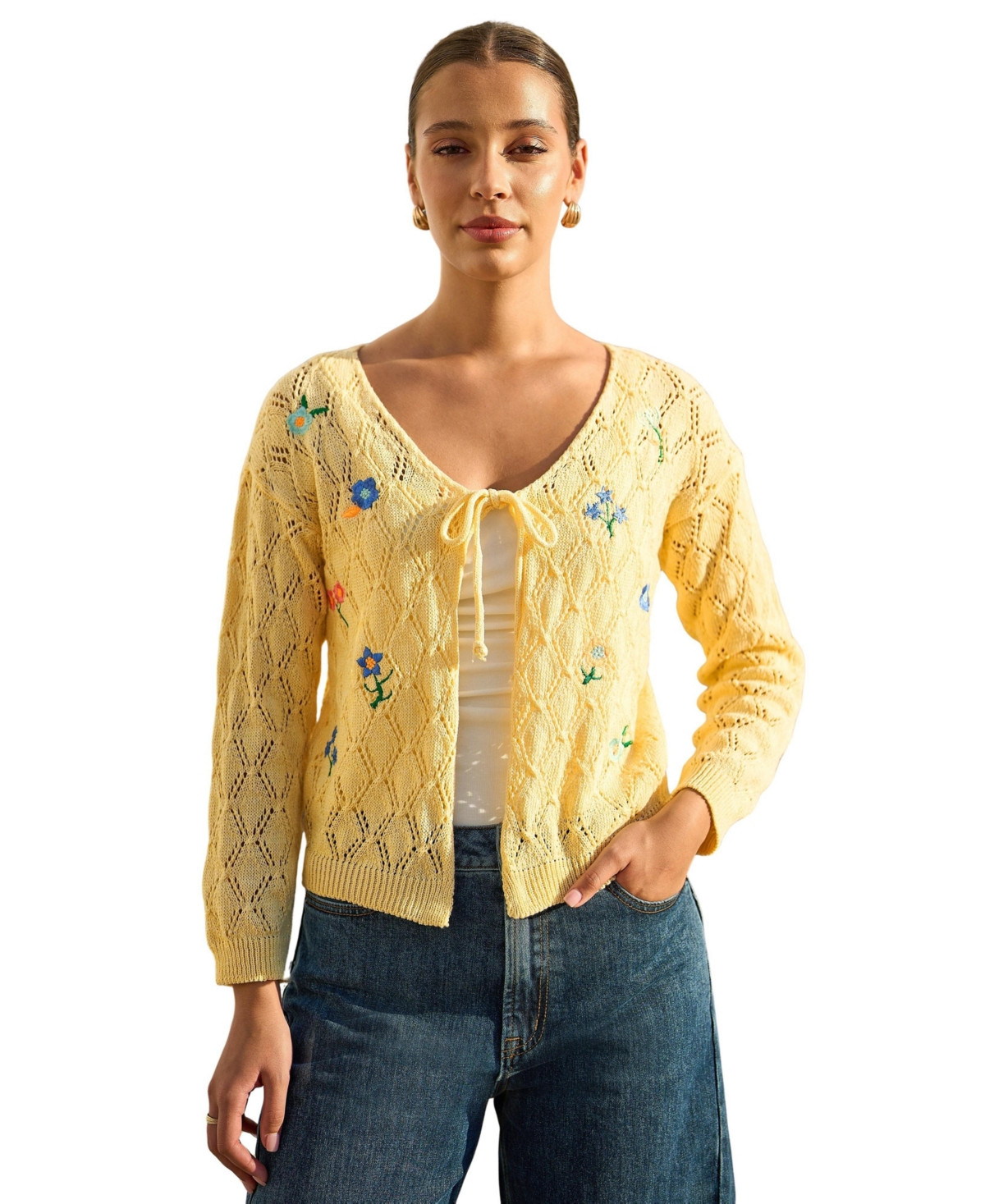 Yumi Women's Embroidered Pointelle Cardigan - Butter yellow | Macy's