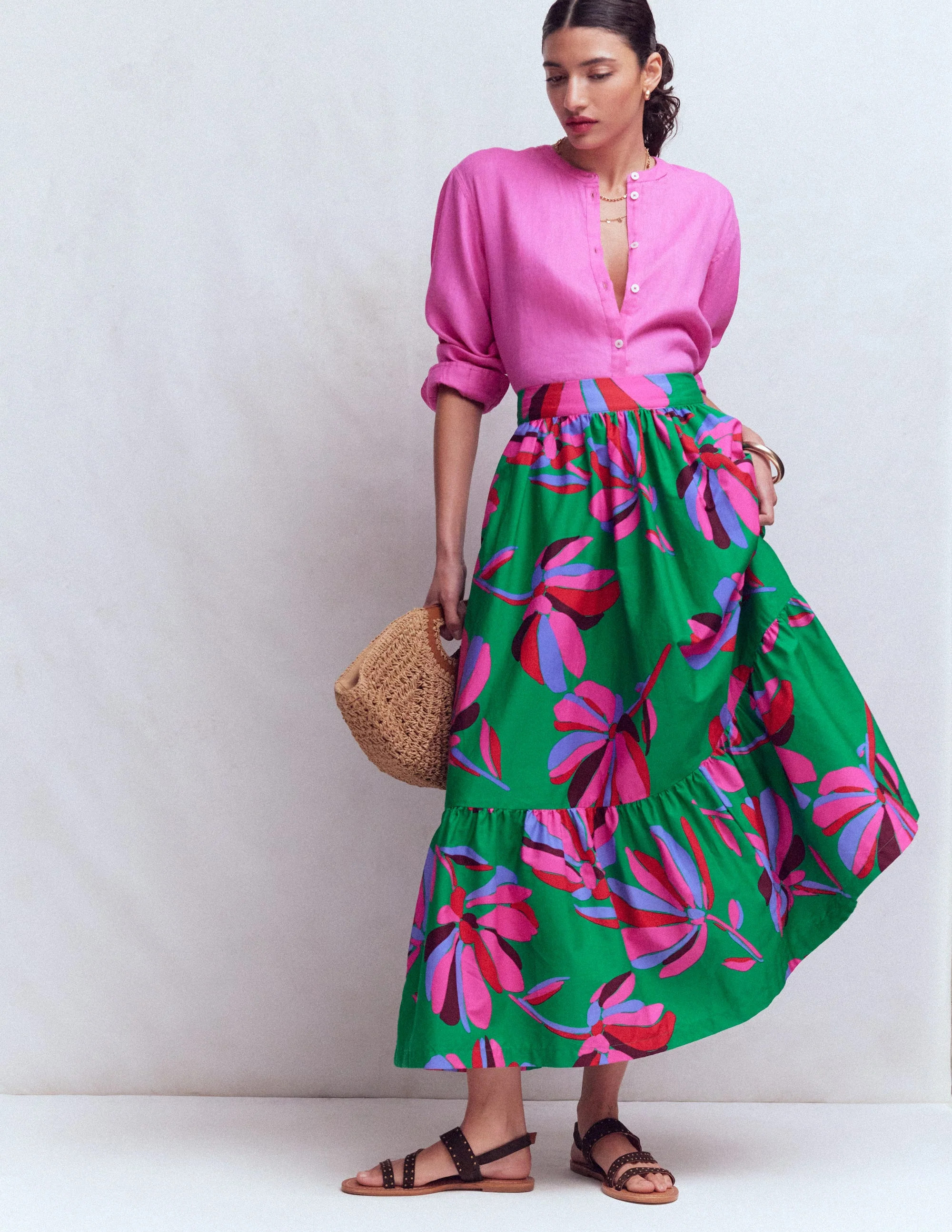 Abigail Poplin Maxi Skirt-Green, Daisy Cascade | Boden (US)