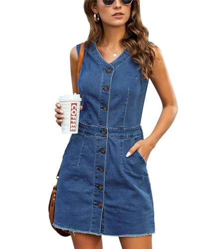 luvamia Women's Casual V Neck Sleeveless Jeans Button Down Denim Short Dresswedding Dress for Guest Women Dresses for Girls A Line Dresses for Women Denim Blue Size X-Small | Amazon (US)