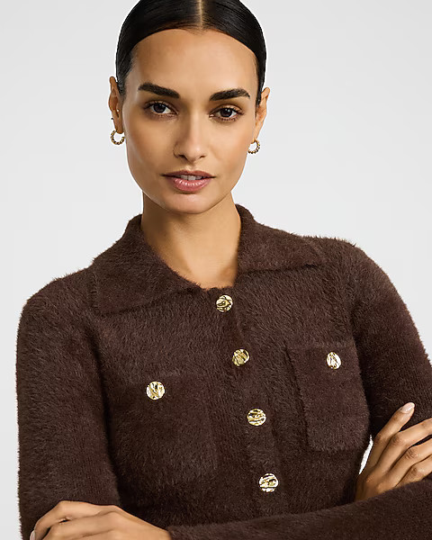 Fuzzy Collared Novelty Button Cardigan | Express
