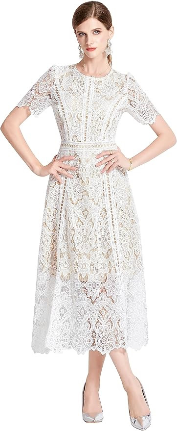 LAI MENG FIVE CATS Women's Flowy Floral Lace Short Sleeve Round Neck Evening Dress | Amazon (US)