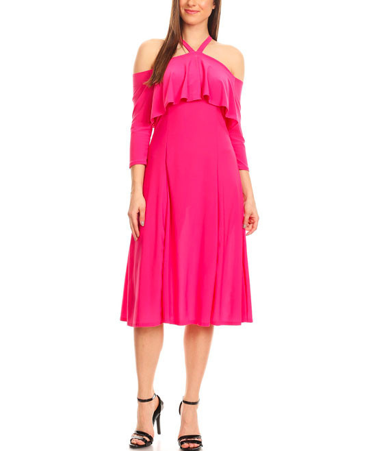 Nema Avenue Women's Casual Dresses fuchsia - Fuchsia Ruffle-Accent Halter Midi Dress - Plus | Zulily