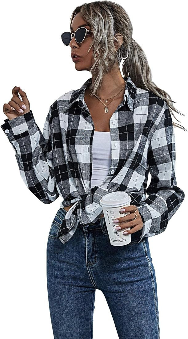 Floerns Women's Casual Long Sleeve Button Down Plaid Shirt Blouse Top | Amazon (US)