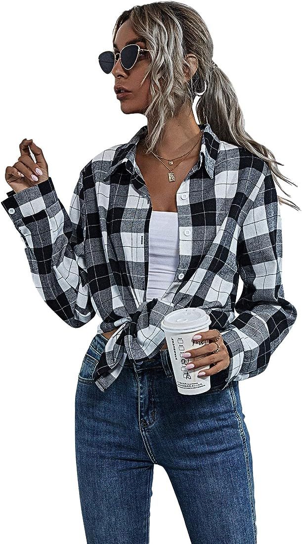 Women's Casual Long Sleeve Button Down Plaid Shirt Blouse Top | Amazon (US)