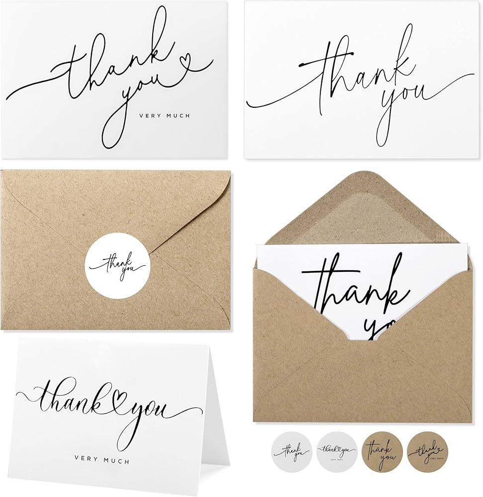 40 White Bulk Thank You Cards with Kraft Envelopes 4 x 6 in with stickers - 4 Minimalistic Design... | Amazon (US)