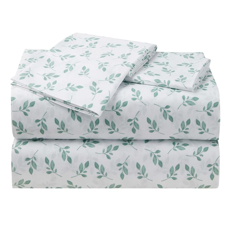 4-Piece White Eucalyptus Print Microfiber Essential Sheet Set, King | At Home