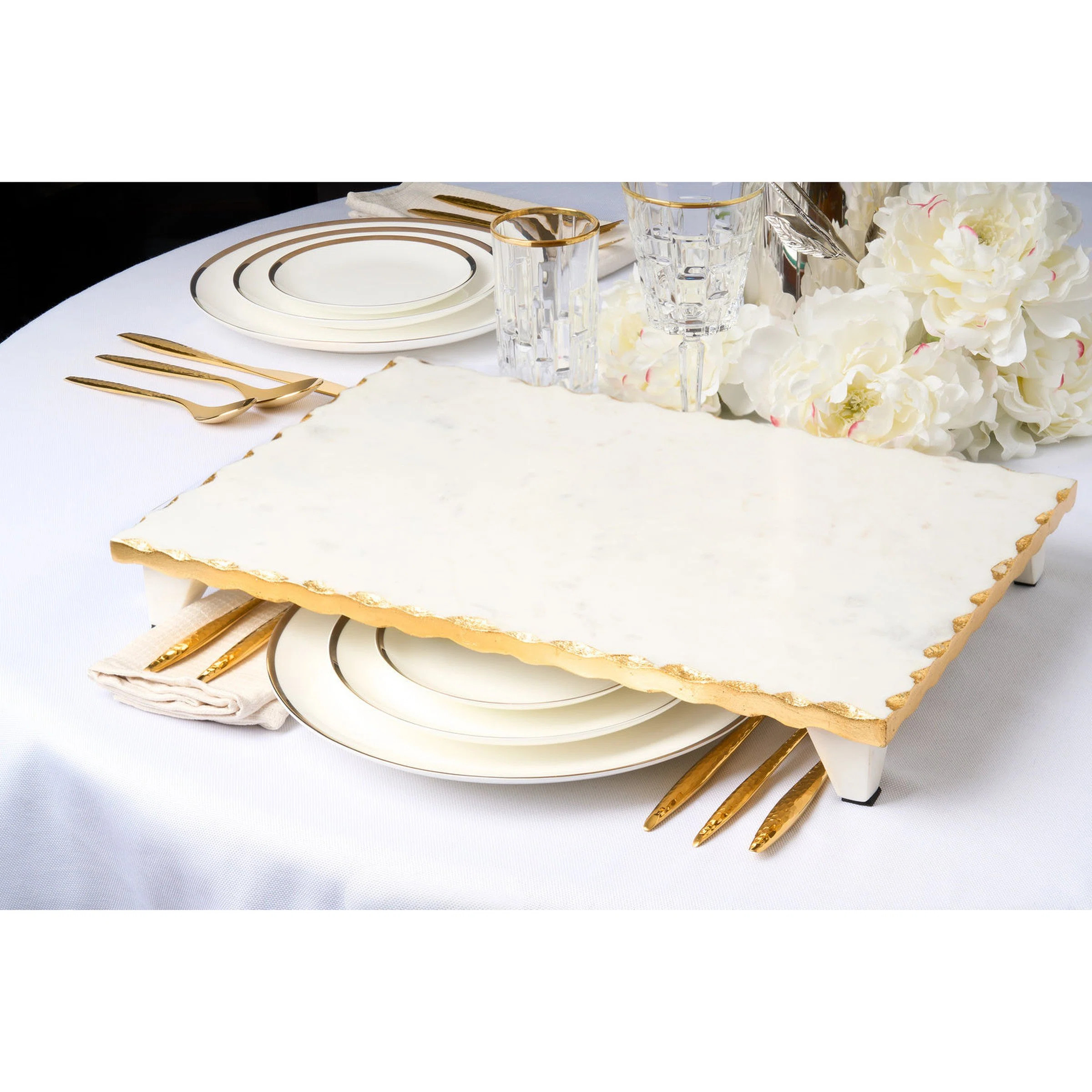 Lavi White Marble Gold Organic Edge Raised Challah Board | Wayfair North America