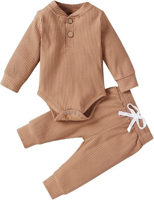 HZYKOK Newborn Baby Boy Girl Clothes 2PCS Ribbed Knitted Cotton Outfits Solid Color Long Sleeve R... | Amazon (US)