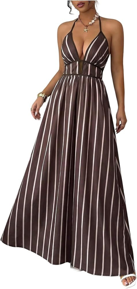 Floerns Women's Striped Halter Maxi Dress Backless Smocked Boho Dress | Amazon (US)