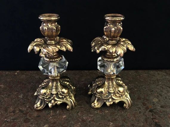 Vintage Ornate Brass Candle Holders with Faceted Lucite, Set of Two | Etsy (US)