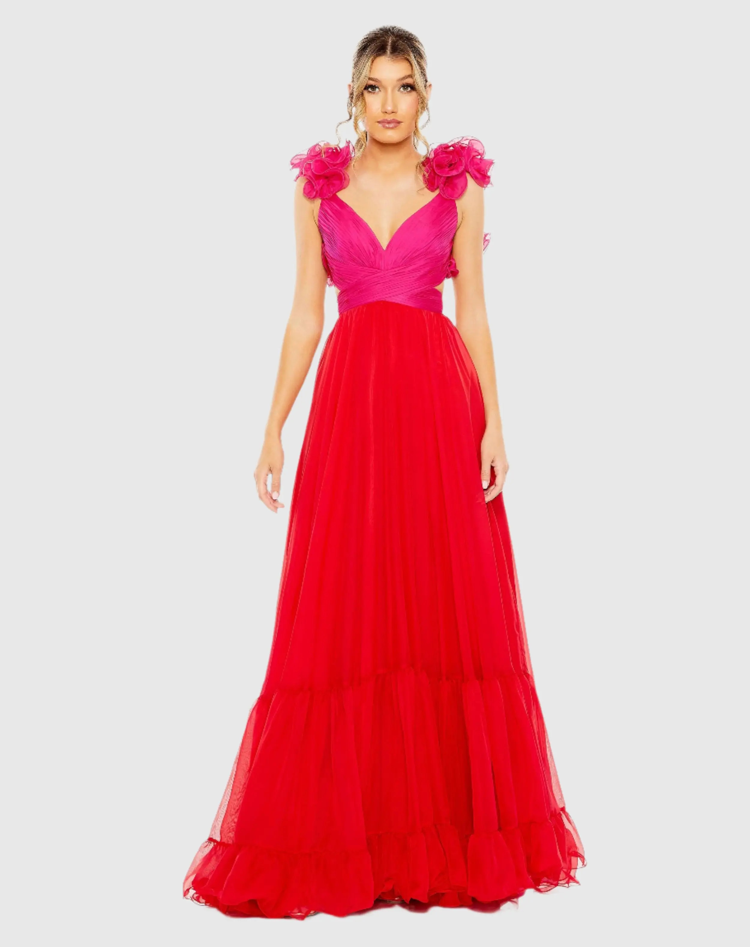 Pink and Red Ruffle Tiered Cut Out Lace Up Chiffon Gown - Mac Duggal | Mac Duggal