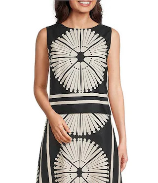 Woven Geometric Fan Print Cropped Crew Neck Sleeveless Coordinating Top | Dillard's