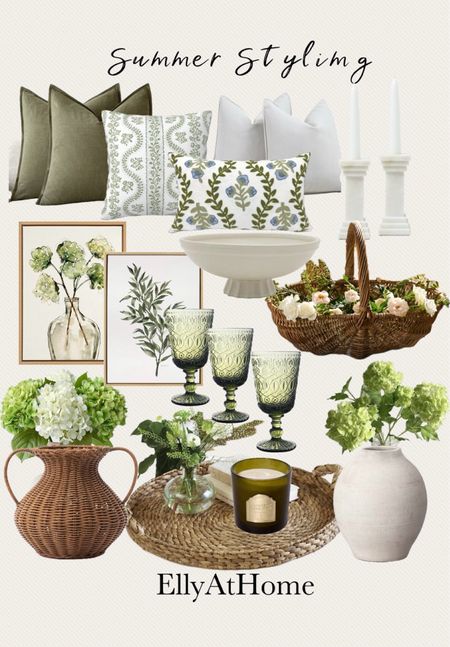 Summer styling home decor accessories. Pretty green and white throw pillows, artwork, basket on sale, florals, tray on sale, vases, bowl, candle, candleholders. Free shipping. 

#LTKSaleAlert #LTKHome #LTKFindsUnder50