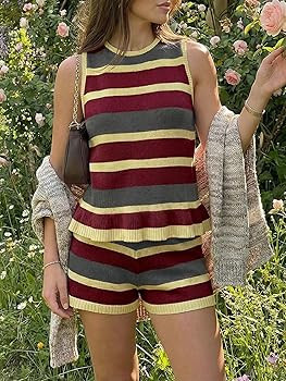Tankaneo Womens 2 Piece Sweater Short Sets Knit Summer Casual Striped Sleeveless Peplum Tank Top ... | Amazon (US)