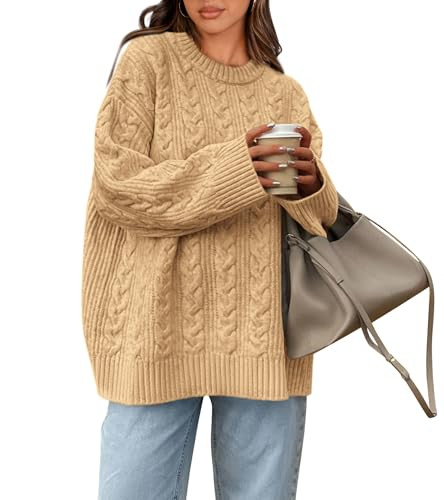 Okiwam Women's Oversized Sweaters Crewneck Cable Knit Pullover Casual Loose Fall Outfits Spring Fashion Clothes 2026-XS Light Khaki | Amazon (US)