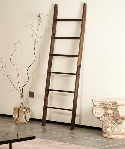 Blanket Ladder for the Living Room 6-Tier, Wooden Decorative Quilt Holder for Bed room, Wall-Leaning Towel Rack for Bathroom，Rustic Farmhouse Ladders for Display. (Dark Brown) | Amazon (US)
