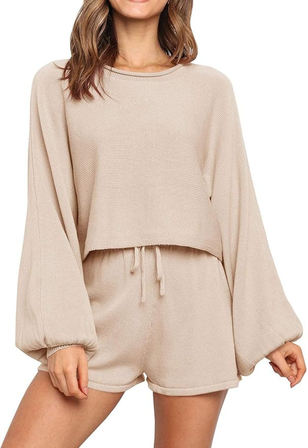 FISACE Womens 2 Piece Knit Sweater High Waist Shorts Outfit Suits Puff Sleeves Round Neck Soft Se... | Amazon (US)