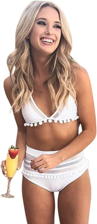 Bdcoco Women's High Waist Two Pieces Bikini Set Padded Stripe Tassel Swimsuit | Amazon (US)