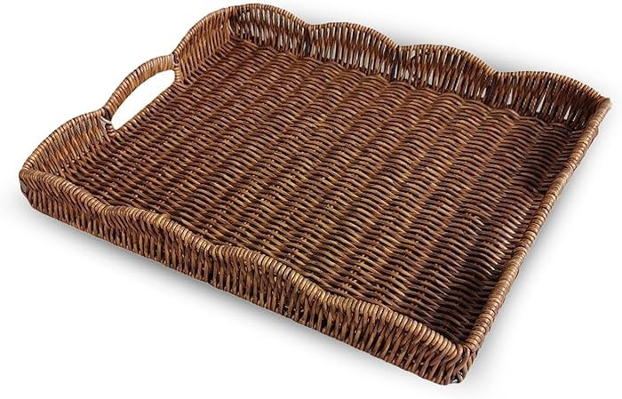 Serving Tray with Scalloped Edge, Rectangular Wicker Tray with Handles, Ideal for Breakfast or Me... | Amazon (US)