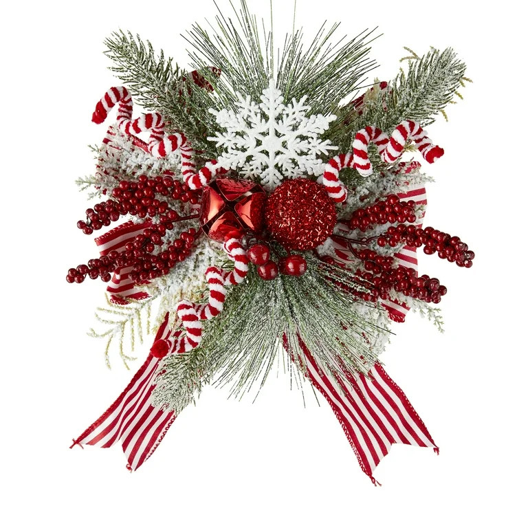 Holiday Time Red Berry and Peppermint Christmas Floral Bow with Snowflake Décor, 13" tall, 5.3 o... | Walmart (US)