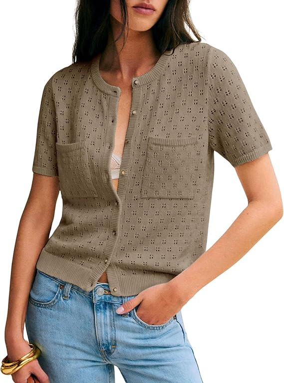 Daacee Women's Lightweight Cotton Crochet Cardigan Short Sleeve Button Up Cropped Cardigan Sweate... | Amazon (US)