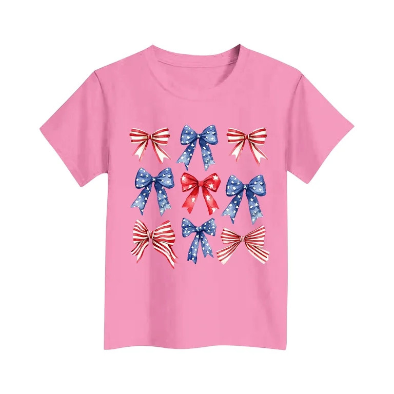 Maean Girls Bow Graphic Shirts Summer Short Sleeve Loose Tshirts Kids Cute Printed Independence D... | Walmart (US)