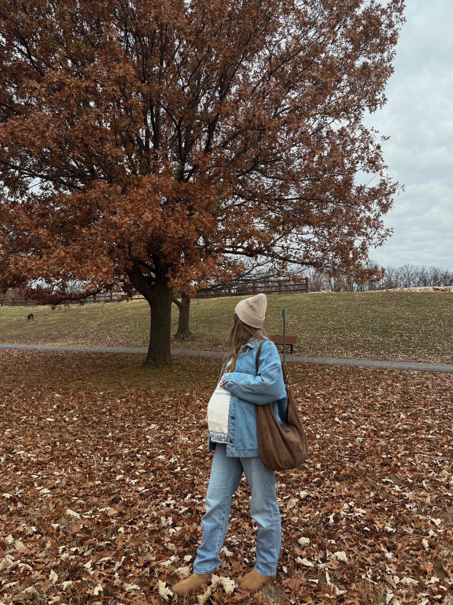 wearing a small in denim jacket and sweater! Limited sizing in these maternity jeans, linked exact pair and similar! mini Uggs tts! 

Winter outfit, bump friendly 

#LTKSeasonal #LTKBump