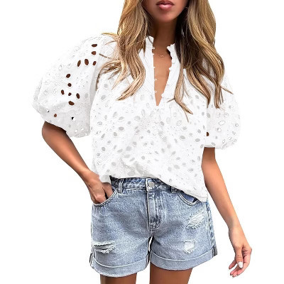 Women's Summer Tops 2025 Dressy Casual Short Sleeve V Neck Buttons Hollow Out Lace Embroidered Blouses Shirts | Target