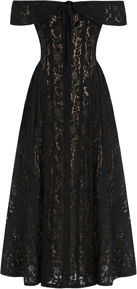 CIDER Off Shoulder Lace Maxi Dress Women Knotted Flared A Line | Amazon (US)