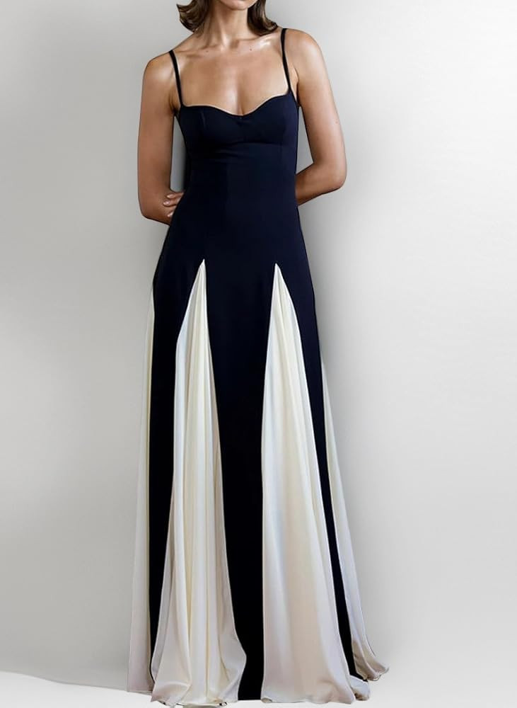 Minetom Cocktailkleider Damen Elegant Spaghettitr\u00e4ger Farbblock A-Linie Partykleid Abendklei... | Amazon (DE)
