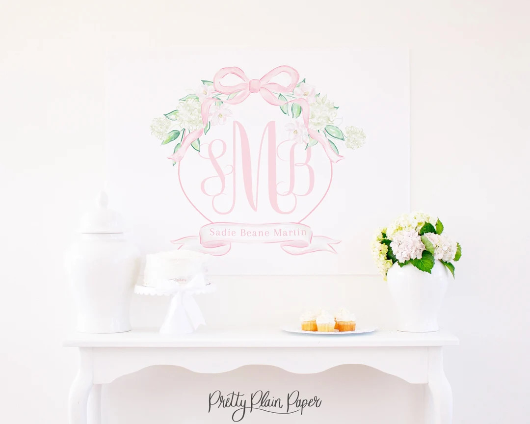 Watercolor Pink Crest Backdrop 36x48 Printable Pink Monogram Crest With Bow Banner Hydrangeas Ini... | Etsy (US)