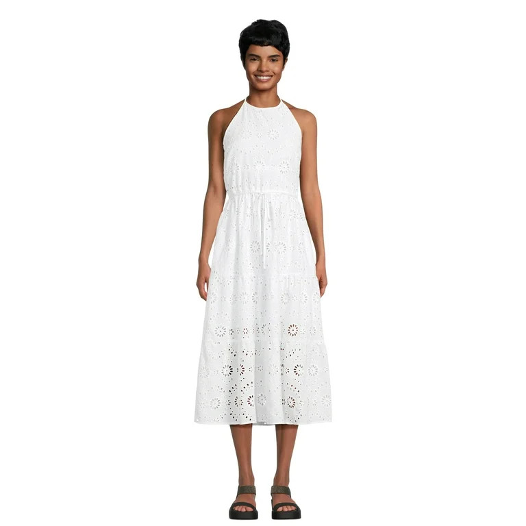 Time and Tru Women's Eyelet Halter Midi Dress with Tiered Skirt, Sizes XS-XXXL | Walmart (US)